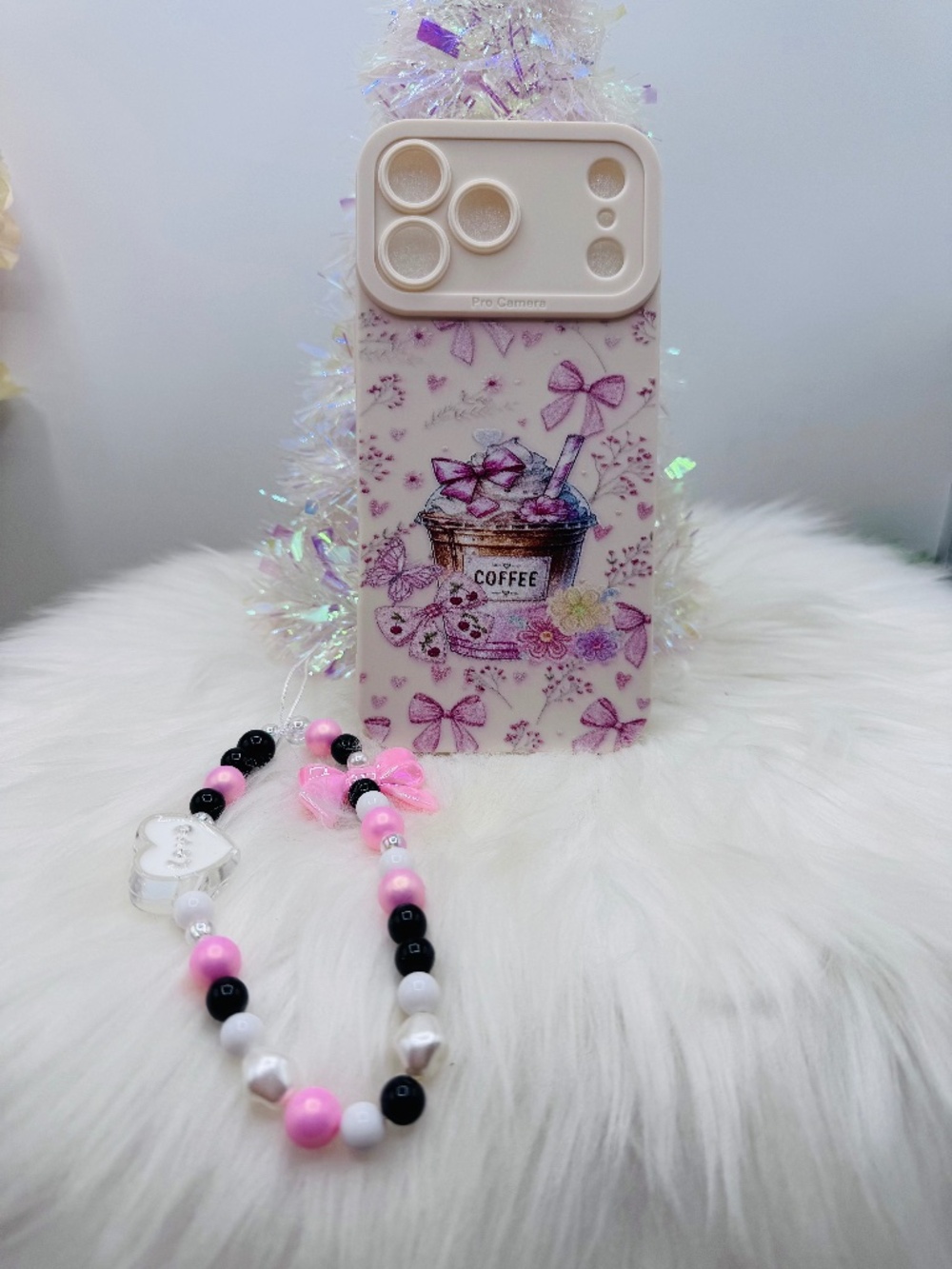 Cute Pink Bow Coffee iPhone 17 Pro Max Case + Beaded Charm  – Girly Aesthetic